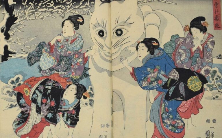 ukiyo-e winter: Utagawa Kuniyoshi, Amusements of the First Snowfall (Hatsuyuki no giyû) Giant Snow Cat, 1847-1850, Museum of Fine Arts, Boston, MA, USA. Detail.
