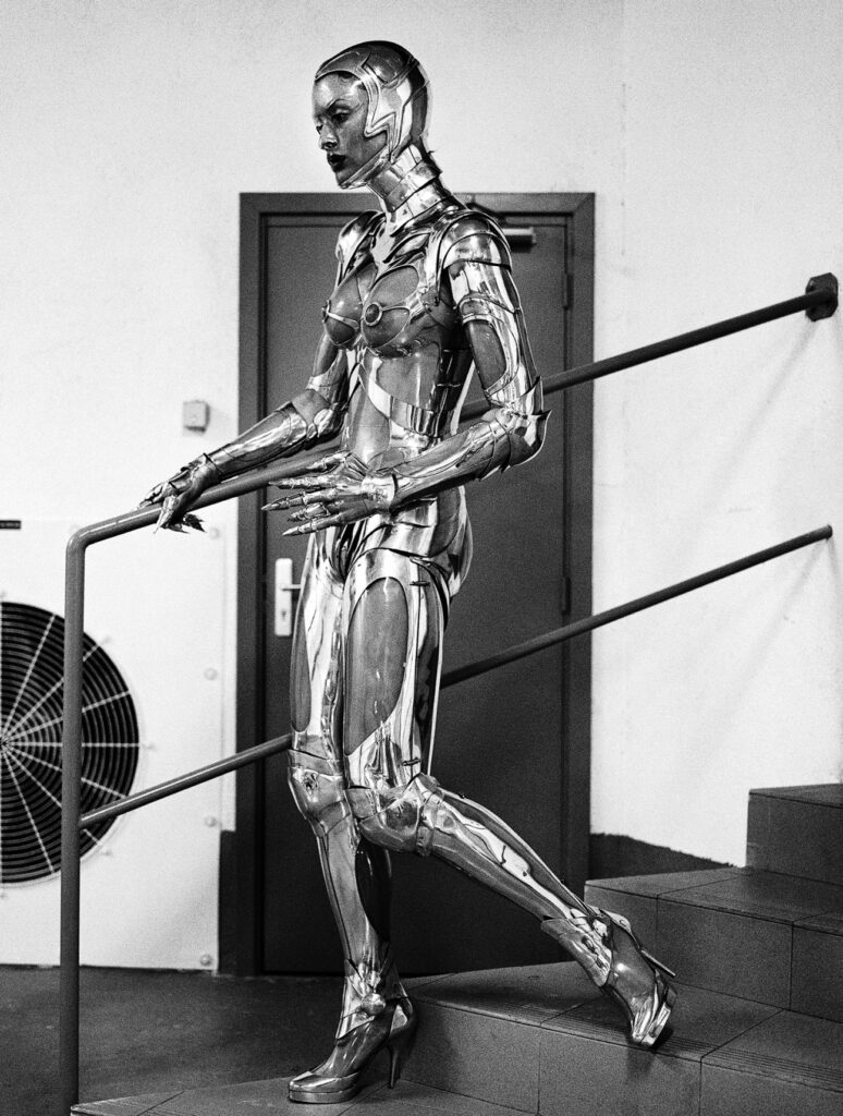 thierry mugler: Thierry Mugler, Robot Woman, worn by Claudia Lynx, FW 1995. Photograph by Helmut Newton. CULTURED Magazine.

