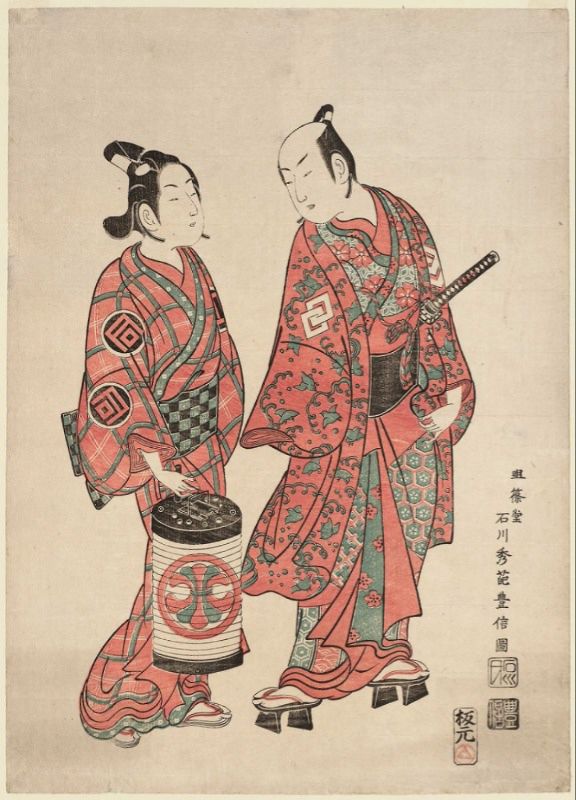 Japanese woodblock prints Tanjôdô Ishikawa Shûha Toyonobu Zu, Actors Nakamura Shichisaburô II and Sanogawa Ichimatsu I, c. 1740, Museum of Fine Arts Boston, Boston, MA, USA.