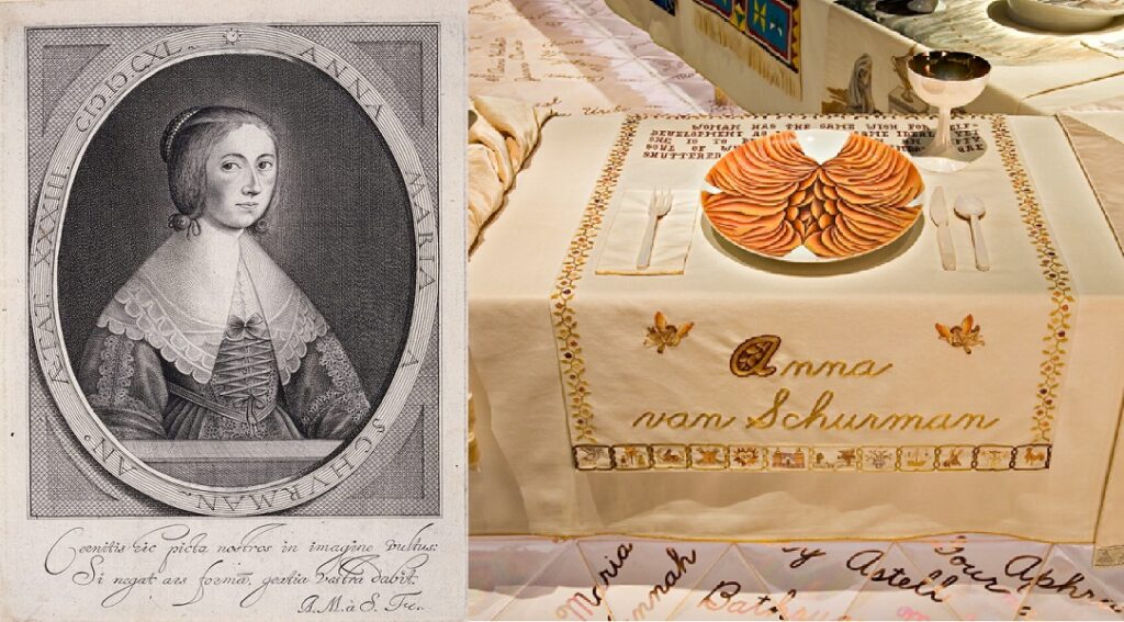 Dinner Party judy chicago: Left: Anna Maria van Schurman, Self-Portrait, 1640, National Museum of Women in the Arts, Washington, DC, USA; Right: Judy Chicago, Anna van Schurman at the Dinner Party, 1974-1979, Elizabeth A. Sackler Center for Feminist Art at the Brooklyn Museum, New York, NY, USA. Detail.