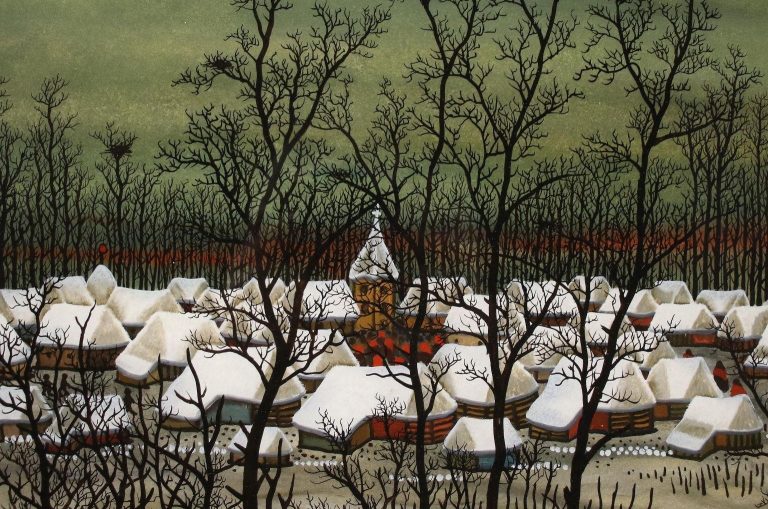 croatian naïve art: Ivan Lacković Croata, Winter glimpse of the Village, 1967, private collection. 1st Dibs. Detail.
