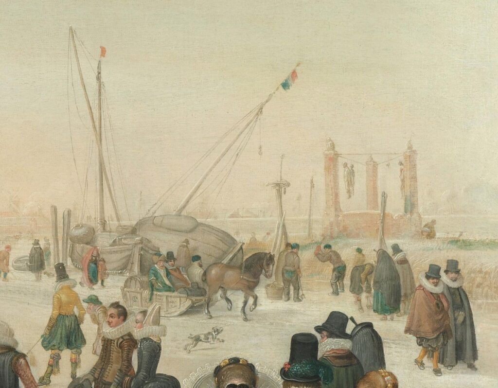 Hendrick Avercamp: Hendrick Avercamp, Enjoying the Ice near a Town, c. 1620, Rijksmuseum, Amsterdam, Netherlands. Detail.
