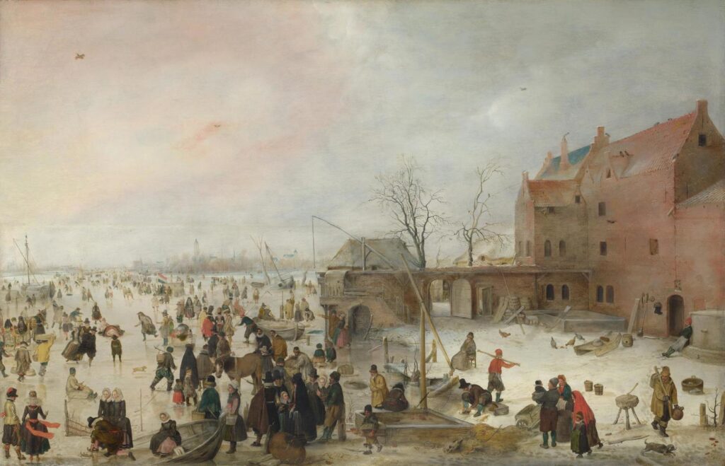 Hendrick Avercamp: Hendrick Avercamp, A Scene on the Ice near a Town, c. 1615, National Gallery, London, UK.
