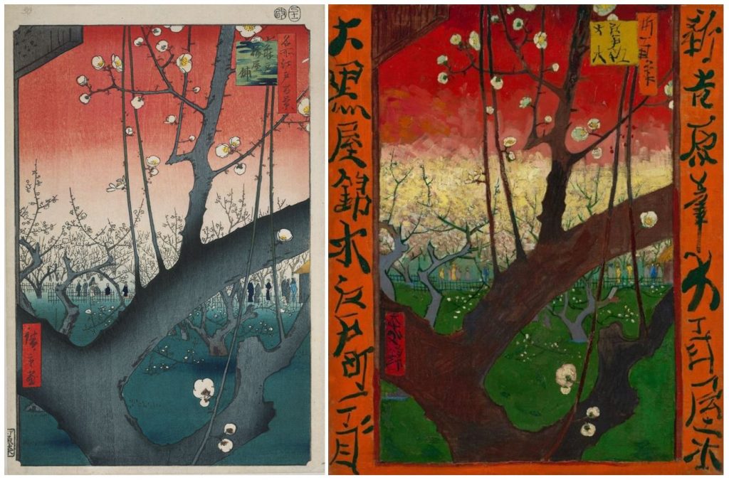 Japanese woodblock prints Left: Utagawa Hiroshige, The Plum Garder in Kameido, 1857, Rijkmuseum, Amsterdam, Netherlands. Right: Vincent van Gogh, Flowering Plum Orchard, 1887, Van Gogh Museum, Amsterdam, Netherlands.
