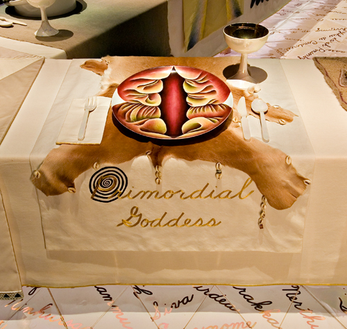 Dinner Party judy chicago: Judy Chicago, Primordial Goddess at the Dinner Party, 1974-1979, Elizabeth A. Sackler Center for Feminist Art at the Brooklyn Museum, New York, NY, USA. Detail.