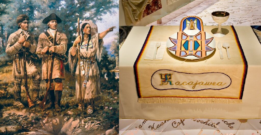 Dinner Party judy chicago: Left: Edgar Samuel Paxson, Lewis & Clark at Three Forks, 1912, House lobby at the Montana State Capitol, Helena, MT, USA. Detail; Right: Judy Chicago, Sacajawea at the Dinner Party, 1974-1979, Elizabeth A. Sackler Center for Feminist Art at the Brooklyn Museum, New York, NY, USA. Detail.