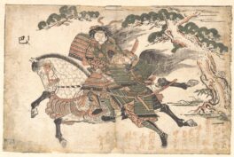 Ishikawa Toyonobu, Tomoe Gozen Killing Uchida Saburo Ieyoshi at the Battle of Awazu no Hara, ca. 1750, woodblock print, ink and color on paper. The Metropolitan Museum of Art, New York, USA.