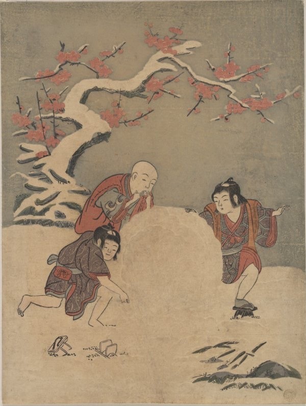 Suzuki Harunobu, Children rolling a large snowball, and eating some as they go, 1770, The Metropolitan Museum of Art, New York, NY, USA. japanese winter prints