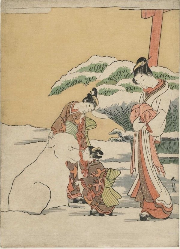 Harunobu Suzuki, Courtesan Watching Two Kamuro Make a Snow Dog, 1767-68. japanese winter prints