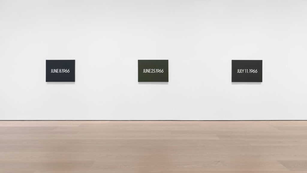 conceptual art: Installation view of On Kawara: Date Paintings exhibtion, 2024, David Zwirner Gallery, London, UK.

