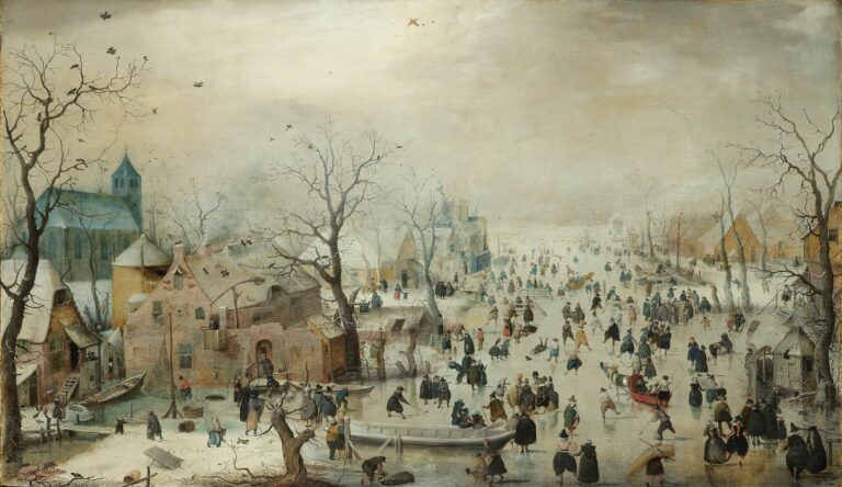 Hendrick Avercamp: Hendrick Avercamp, Winter Landscape with Skaters, 1608, Rijksmuseum, Amsterdam, Netherlands.
