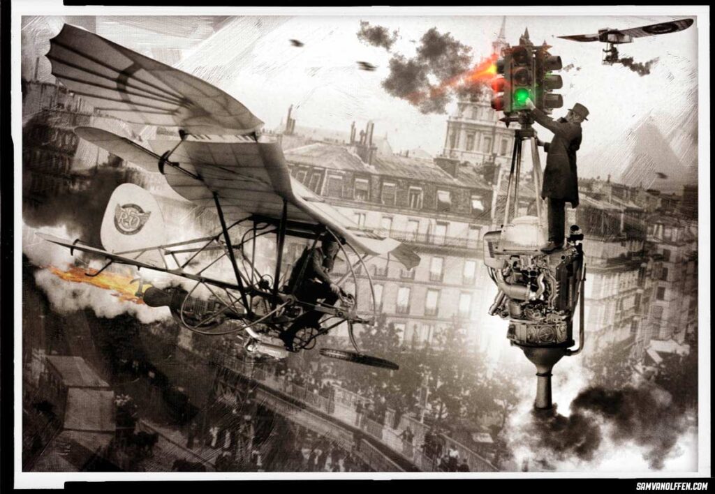 Punk in Art: Steampunk, Dieselpunk, Cyberpunk. Sam Van Olffen, L’homme au feu, illustration. ©Sam Van Olffen.