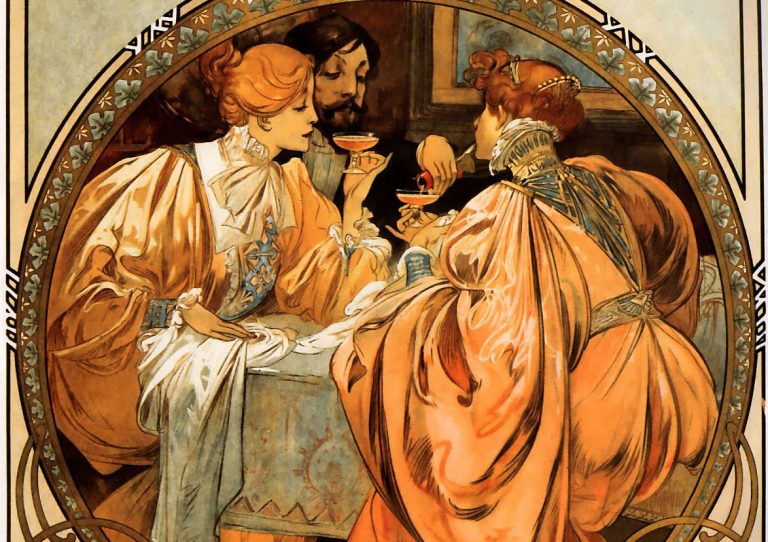 party posters: Alfons Mucha, Heidsieck & Co., 1901, private collection. Wikimedia Commons (public domain). Detail.
