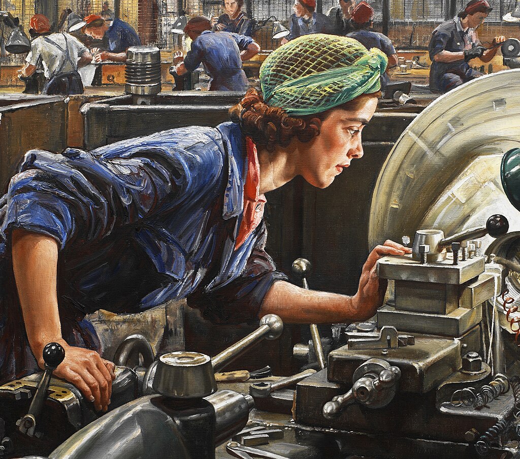 Laura Knight: Laura Knight, Ruby Loftus Screwing a Breech Ring, 1943, The Imperial War Museum, London, UK. Wikimedia Commons (public domain).
