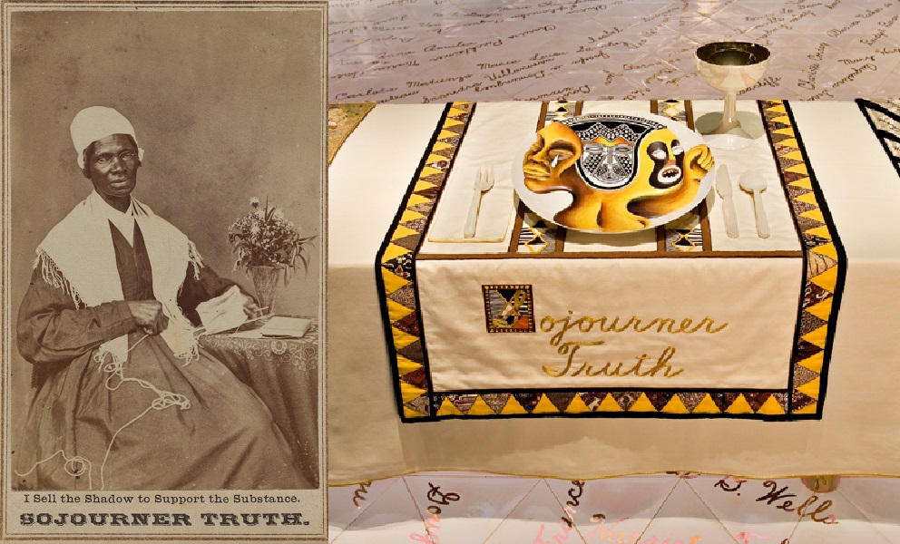 Dinner Party judy chicago: Left: Sojourn Truth, 1864, National Portrait Gallery, Washington, DC, USA; Right: Judy Chicago, Sojourner Truth at the Dinner Party, 1974-1979, Elizabeth A. Sackler Center for Feminist Art at the Brooklyn Museum, New York, NY, USA. Detail.
