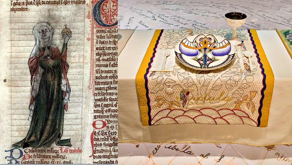 Dinner Party judy chicago: Left: Trotula of Salerno, 14th century, Wellcome Library, London, UK; Right: Judy Chicago, Trotula at the Dinner Party, 1974-1979, Elizabeth A. Sackler Center for Feminist Art at the Brooklyn Museum, New York, NY, USA. Detail.