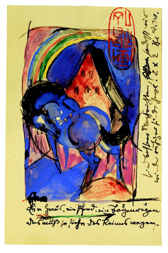 Franz Marc Horses Franz Marc, Blue Horse, Red House and Rainbow, postcard from Sindelsdorf to Paul Klee in Munich, 1913, Franz Marc Museum, Kochel am See, Germany. Google Arts & Culture.