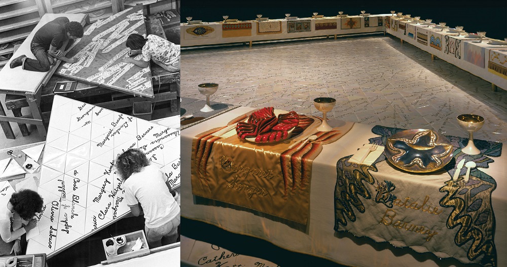 Dinner Party judy chicago: Left: The Dinner Party workers painting names on the Heritage Floor Tiles, 1978. Dazledigital; Right: Judy Chicago, The Heritage Floor, 1974-1979, Elizabeth A. Sackler Center for Feminist Art at the Brooklyn Museum, New York, NY, USA. Britannica. Detail.