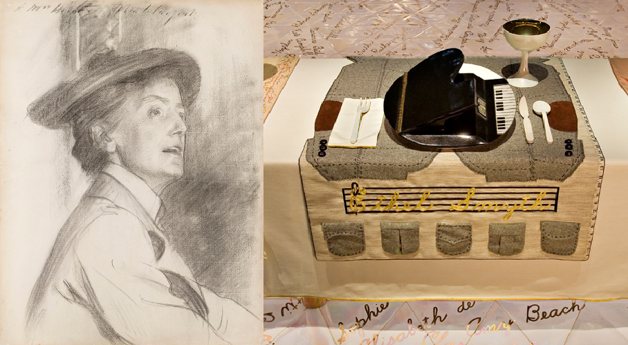 Dinner Party judy chicago: Left: John Singer Sargent, Portrait of Dame Ethel Smyth, 1901, National Portrait Gallery, London, UK; Right: Judy Chicago, Ethel Smyth at the Dinner Party, 1974-1979, Elizabeth A. Sackler Center for Feminist Art at the Brooklyn Museum, New York, NY, USA. Detail.