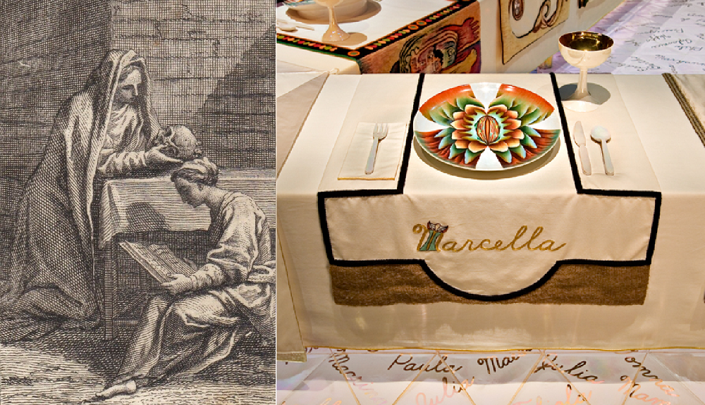 Dinner Party judy chicago: Left: Engraving of Saint Marcella, 1722. Ebay; Right: Judy Chicago, Marcella at the Dinner Party, 1974-1979, Elizabeth A. Sackler Center for Feminist Art at the Brooklyn Museum, New York, NY, USA. Detail.