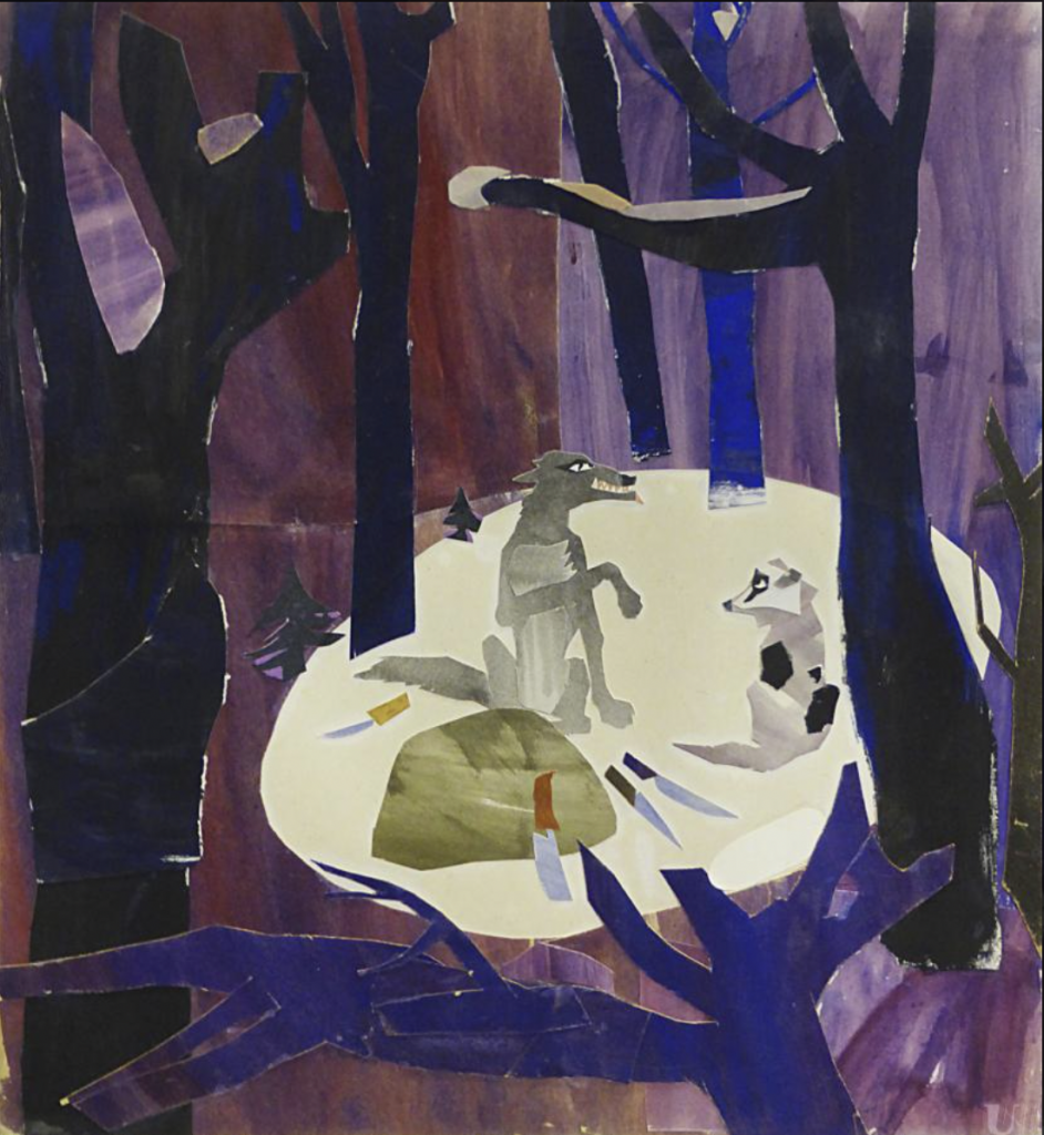 Ada Rybachuk: Ada Rybachuk, illustration for Nenets Folk Tale Man and Dog, 1957, Kyiv: Dytvydav, Ukraine. UU Archive.

